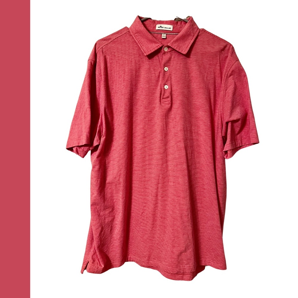 Peter Millar, men's salmon colored short sleeve polo.